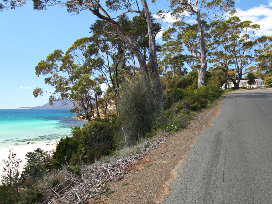 Looking up the road toward Spring Beach Holiday House with Maria Island in the background (photo: Grant Gaffney)