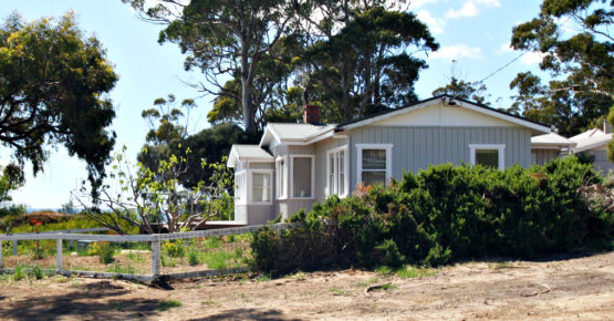 View of Spring Beach Holiday House from the street, with bush and ocean in the background.